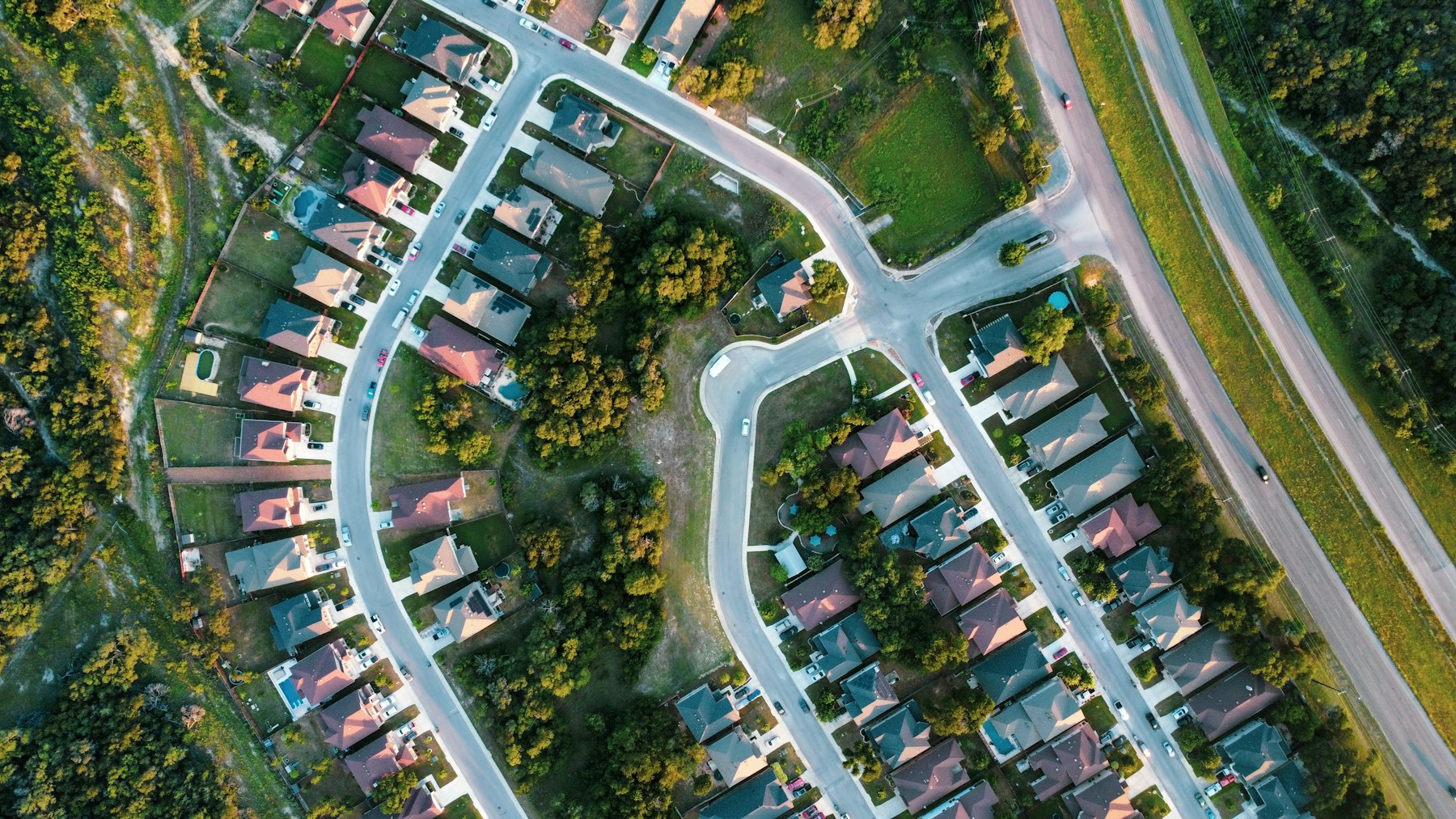 Aerial view of residential streets and homes